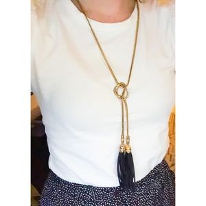Henri Bendel Black Leather Tassel Lariat Necklace